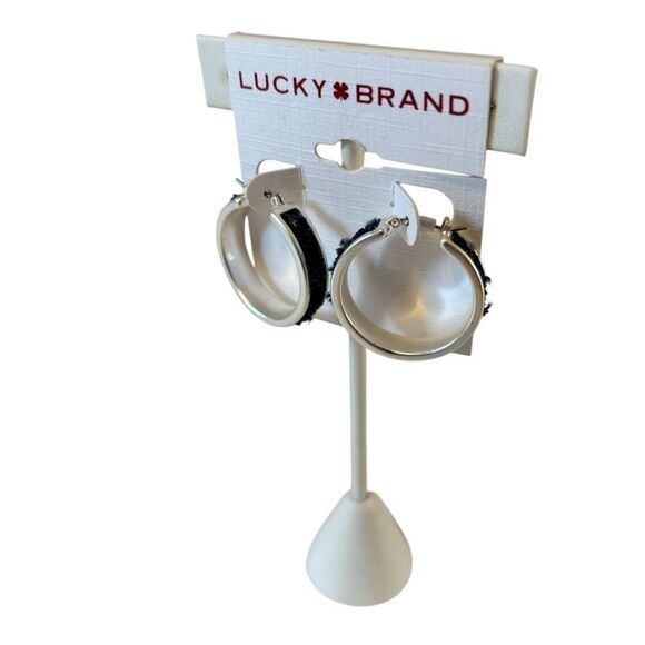 Matte Silver Toned Denim Hoop Earrings - Picture 3 of 5